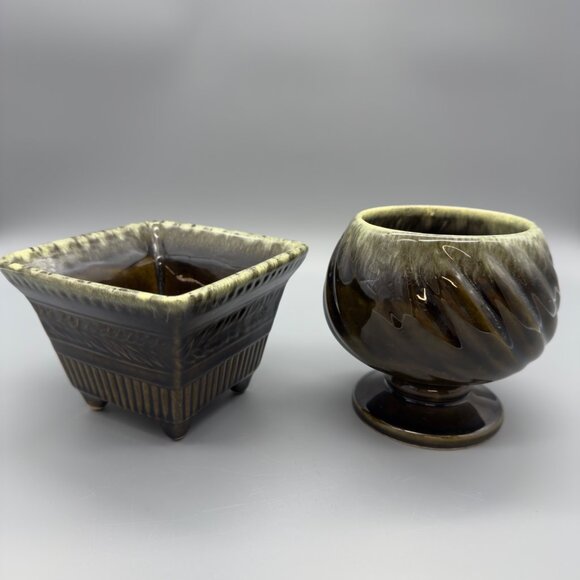 Vintage Hull Pottery USA Set of 2 Brown Green Drip Glaze Ceramic Planters MCM - Picture 16 of 16